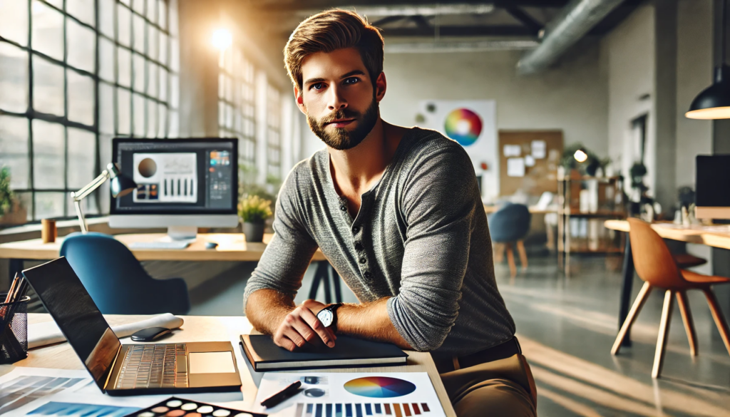 A fractional Chief Marketing Officer (CMO) with short blonde-brown hair and a trimmed beard, wearing a casual henley shirt and slacks, working at a modern, well-lit desk. The individual is focused, creating marketing content such as graphics, notes, and articles, with a laptop and creative materials spread across the workspace. The setting conveys productivity, creativity, and a professional yet approachable atmosphere.

